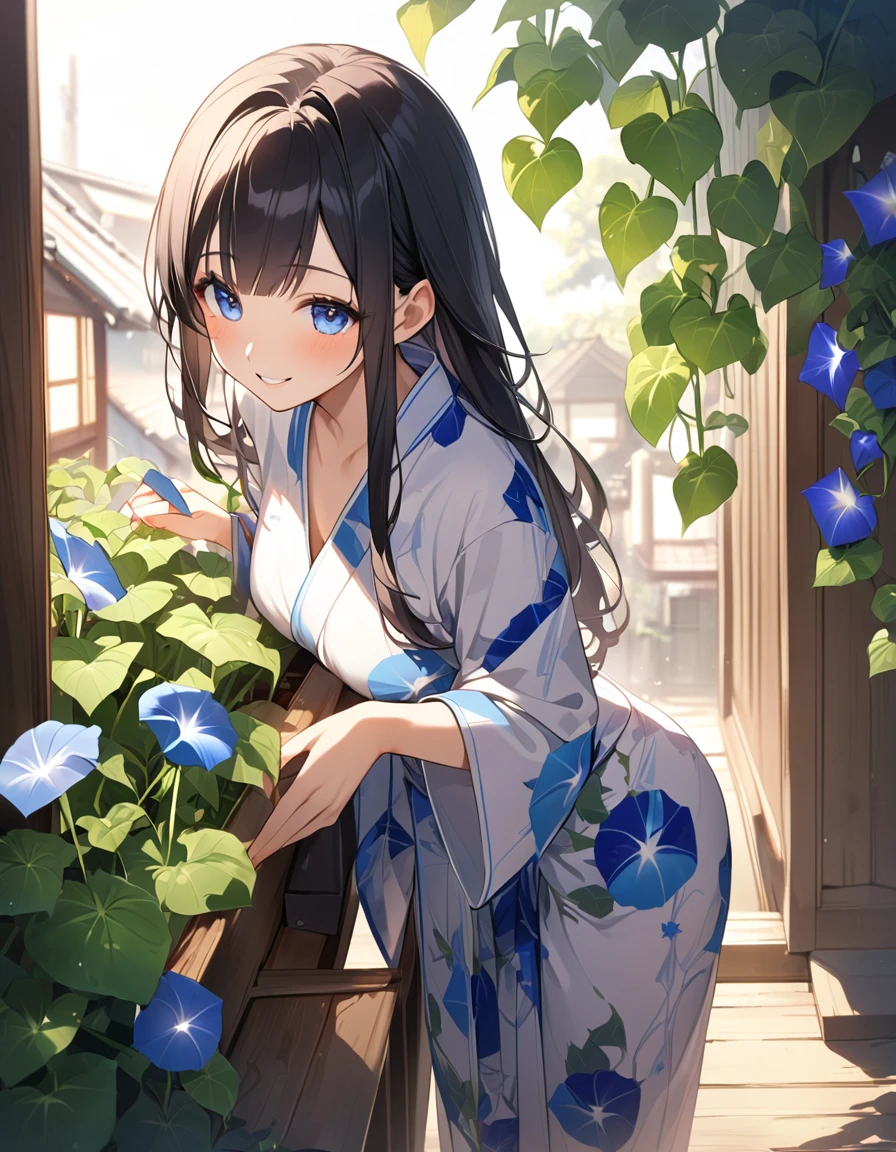 (Highest qualityのイラスト:1.2), (Black Hairの美少女:1.1), (1 girl、、Highest qualityのイラスト:1.2), (1 girl、Kind eyes、blue eyes:1.2)、((Black Hair:1.2))、Semi-long hair、(Highest quality、Very detailed、cute、Ultra-high resolution) 、Larger breasts、Yukata、smile、Old street corner in Japan、morning、morning glory