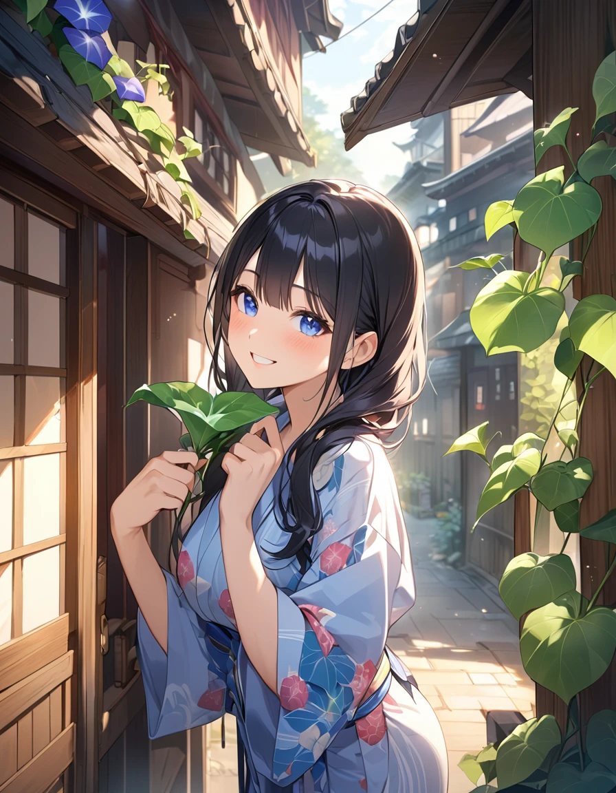 (Highest qualityのイラスト:1.2), (Black Hairの美少女:1.1), (1 girl、、Highest qualityのイラスト:1.2), (1 girl、Kind eyes、blue eyes:1.2)、((Black Hair:1.2))、Semi-long hair、(Highest quality、Very detailed、cute、Ultra-high resolution) 、Larger breasts、Yukata、smile、Old street corner in Japan、morning、morning glory