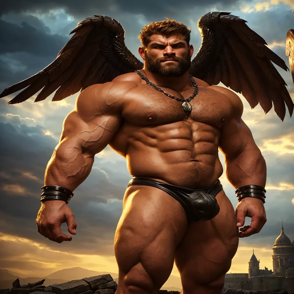 a close-up of a man with a large wing on his chest, muscular male hero, strong and imposing, muscular humanoid balrog demon, robust and attractive male with armor, portrait of the demigod Hercules, heroic male pose, muscular character, muscular! fancy, male aeromorph, male demon, full body majestic angel, demon male man, humano alado, big thick dick outside, dotado