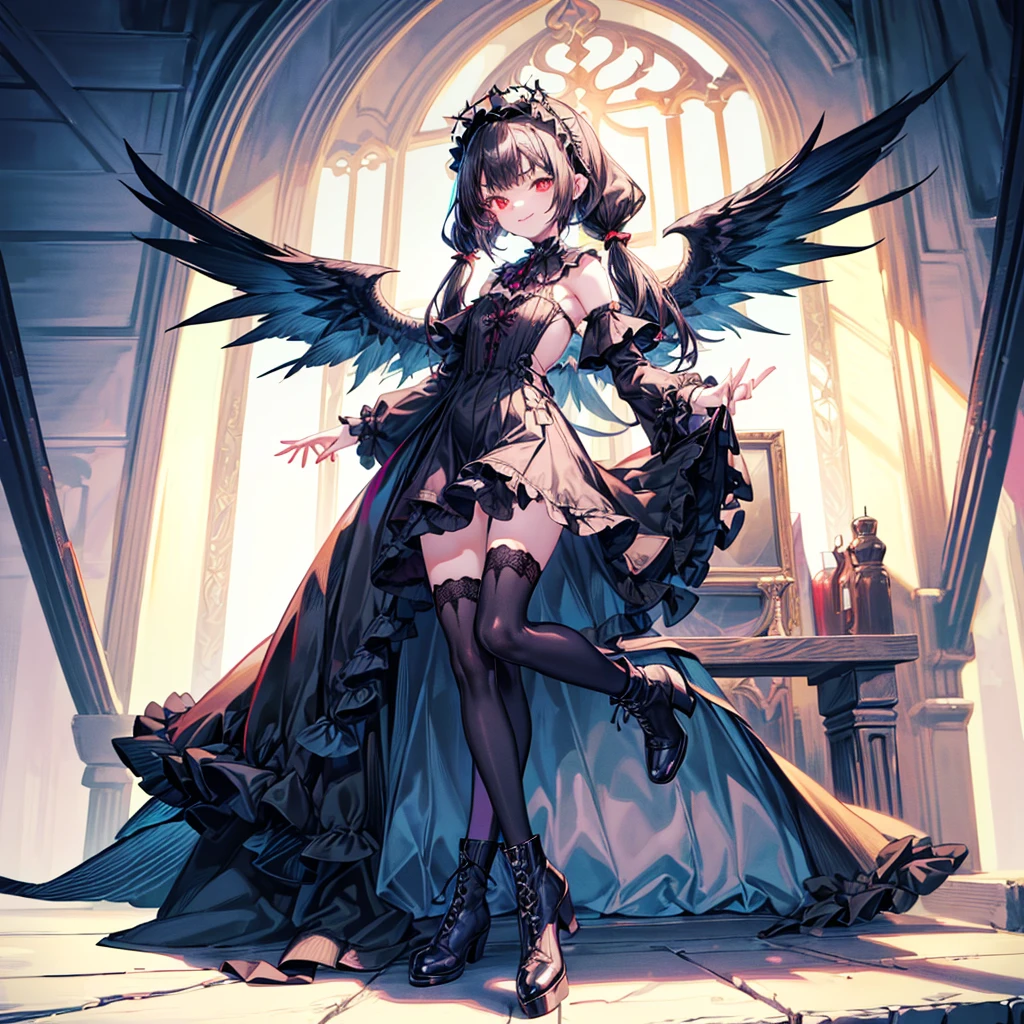[(church background:1.4)::5],Original,(Illustration:1.1),(Best Quality),(masutepiece:1.1),(the Extremely Detailed CG Unity 8K Wallpapers:1.1), (Colorful:0.9),(mid-shot:0.95),(Full body:1.5),Dynamic Angle,(Solo:1.2), (girl),((Adult)), (Detailed beautiful eyes:1.15), (Beautiful face:1.15), (Glowing red eyes:1.25////),((dark blue long hair)),(Blunt bangs),(low twintails),(+perfect hand+:1.21),(Draw an illustration of a gothic girl),(Religious),(slender),(she has boots on her feet),((Wearing a black dress)),(Furious), Lace Off Shoulder Lolita Fashion,Beautiful slender woman,((Evil smile)),Dark blue short hair,Dark blue short hair,Laugh,evil smile,mini skirt,short hair,