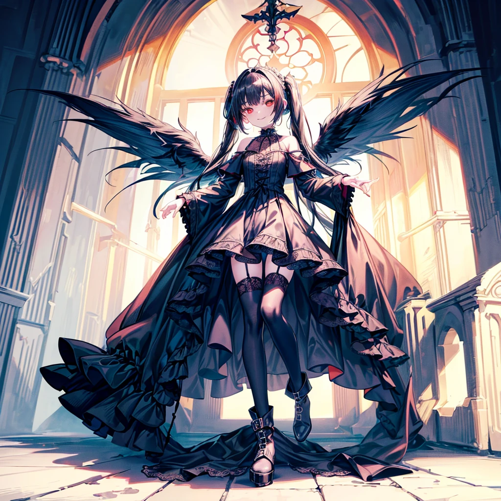 [(church background:1.4)::5],Original,(Illustration:1.1),(Best Quality),(masutepiece:1.1),(the Extremely Detailed CG Unity 8K Wallpapers:1.1), (Colorful:0.9),(mid-shot:0.95),(Full body:1.5),Dynamic Angle,(Solo:1.2), (girl),((Adult)), (Detailed beautiful eyes:1.15), (Beautiful face:1.15), (Glowing red eyes:1.25////),((dark blue long hair)),(Blunt bangs),(low twintails),(+perfect hand+:1.21),(Draw an illustration of a gothic girl),(Religious),(slender),(she has boots on her feet),((Wearing a black dress)),(Furious), Lace Off Shoulder Lolita Fashion,Beautiful slender woman,((Evil smile)),Dark blue short hair,Dark blue short hair,Laugh,evil smile,mini skirt,short hair,