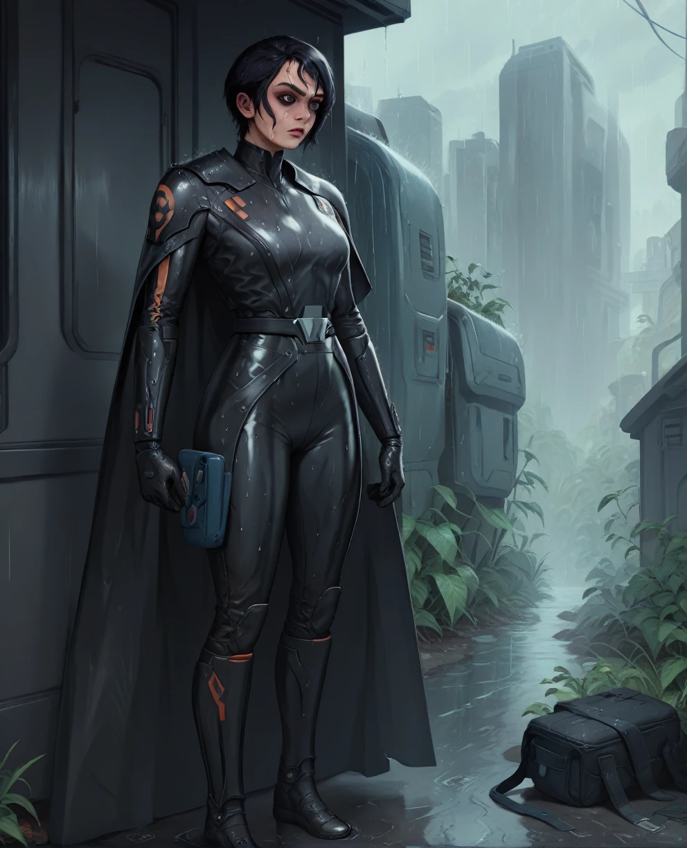 score_9,score_8_up,score_7_up,score_6_up, Black woman sabine wren ,,black hair, FULL body, wet, armor,gloves,black bodysuit,black cape,belt,rain, science fiction,sith base, star wars, outdoors, rain, solo,fflixbag wearing armor sabine wren
