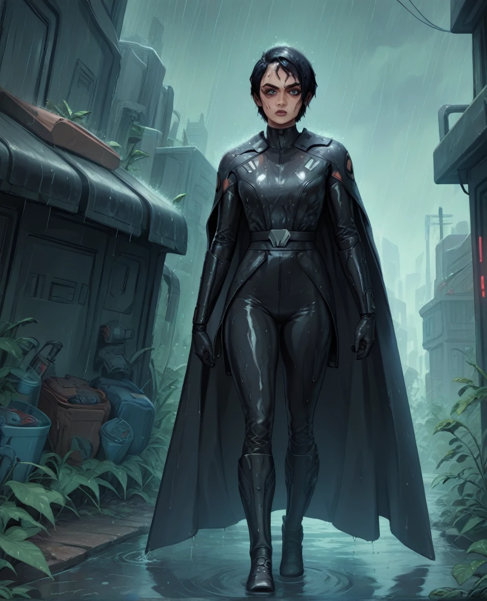 score_9,score_8_up,score_7_up,score_6_up, Black woman sabine wren ,,black hair, FULL body, wet, armor,gloves,black bodysuit,black cape,belt,rain, science fiction,sith base, star wars, outdoors, rain, solo,fflixbag wearing armor sabine wren
