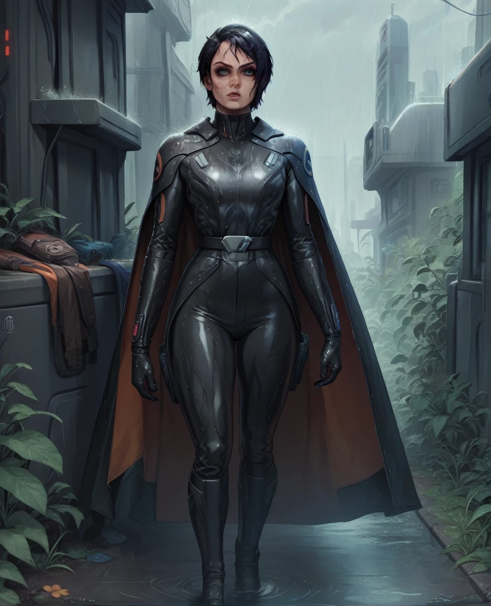 score_9,score_8_up,score_7_up,score_6_up, Black woman sabine wren ,,black hair, FULL body, wet, armor,gloves,black bodysuit,black cape,belt,rain, science fiction,sith base, star wars, outdoors, rain, solo,fflixbag wearing armor sabine wren
