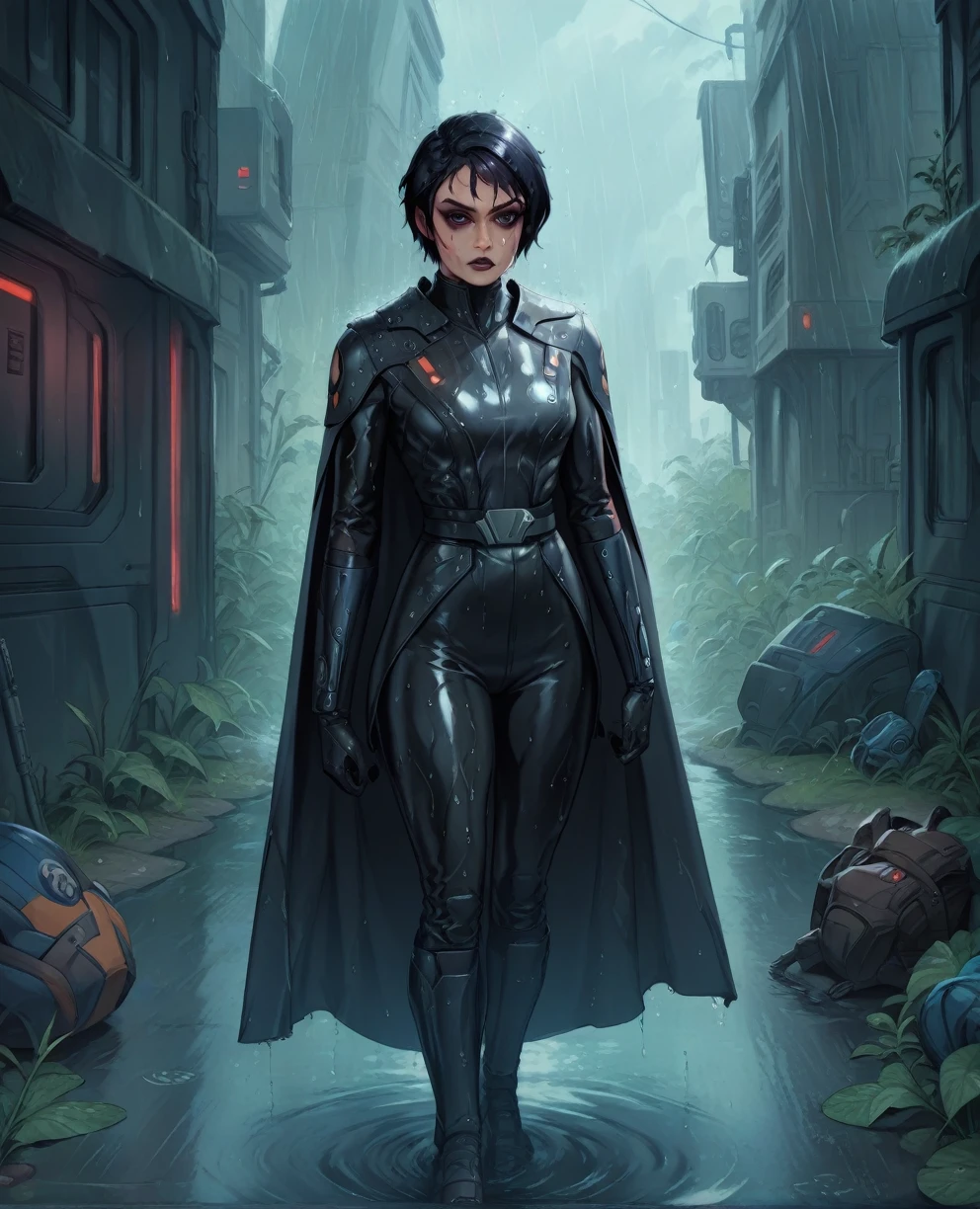 score_9,score_8_up,score_7_up,score_6_up, Black woman sabine wren ,,black hair, FULL body, wet, armor,gloves,black bodysuit,black cape,belt,rain, science fiction,sith base, star wars, outdoors, rain, solo,fflixbag wearing armor sabine wren
