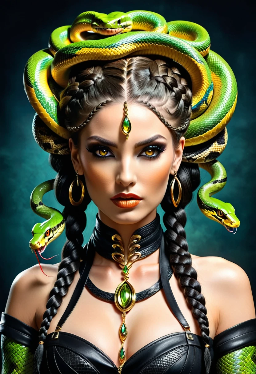 dark fantasy art (braids thar become living snakes: 1.5) of a beautiful woman, reptilian eyes, pale skin, having twin snake braids, ((only two braids made from living snakes: 1.3)) each braid a snake coming out the woman's head, living snake, hissing snake, on the woman's head, she wears intricate leather dress, dynamic color dress, thigh high heeled boots, modern bar background, dynamic range, vibrant, Ultra-high resolution, High Contrast, (masterpiece:1.5), highest quality, Best aesthetics), best details, best quality, highres, ultra wide angle, 16k, [ultra detailed], masterpiece, best quality, (extremely detailed), snake hair, sn4k3h41r, snake hair