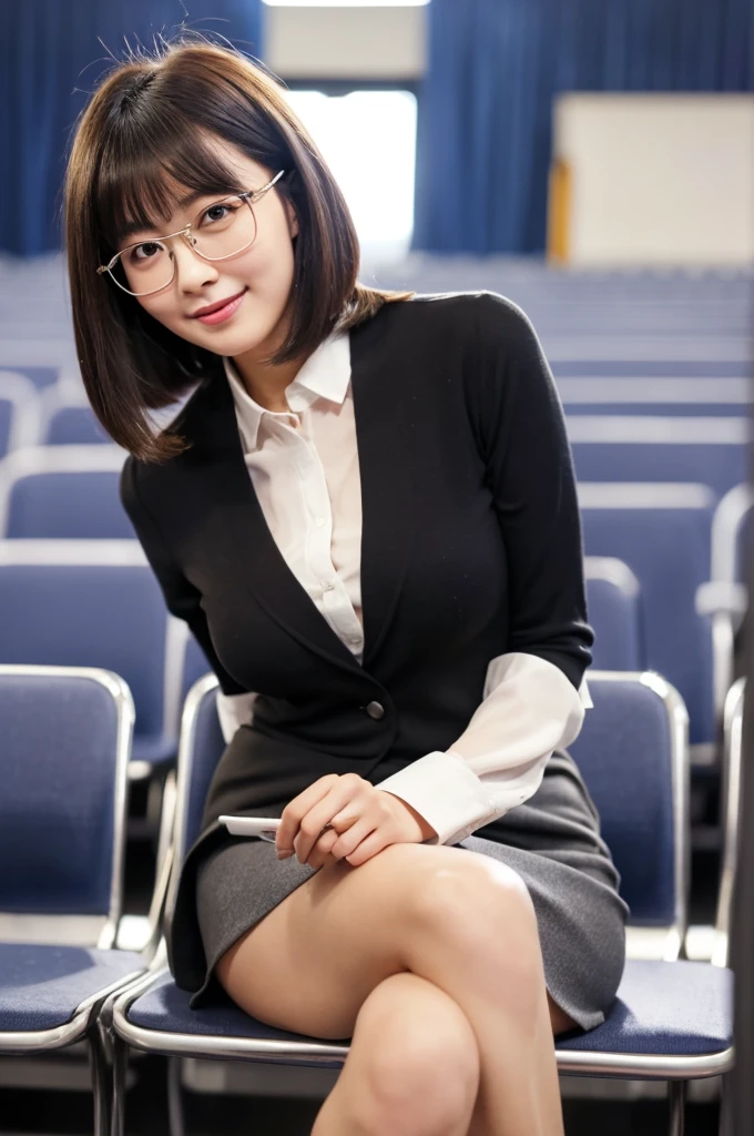 University lecture hall, university psychology associate professor, ((full body)), ((photo)), ((best qualtiy, 8K, tmasterpiece:1.3)), Focus:1.2, perfect figure beautiful woman:1.4, 1woman, cowboy shot, look at viewer, eyes facing the camera, incredibly absurd, beautiful and cute woman with a photorealistic face, showcasing top-quality craftsmanship, A Japanese woman giving a lecture at a university lecture hall, 27 years old, with a bob cut and flipped hair, short bangs swept at an angle, smooth and shiny hair, natural hairline, fair and smooth skin, plump and healthy cheeks, large, jet black eyes, round eyes, long and upward-facing eyelashes, double eyelids, thin and straight eyebrows, small and round nose, plump lips, upturned corners of the mouth, charming smile, cute face, glamorous, well-balanced proportions, tall, beautiful D-cup breasts, silver-rimmed glasses, pink blouse, black tight skirt, fashion with a waist-marked silhouette, scarf, heeled shoes, vanilla perfume, beautiful, pretty older woman, glasses suit her, knowledgeable, playful, curious, intelligent, elegant, November