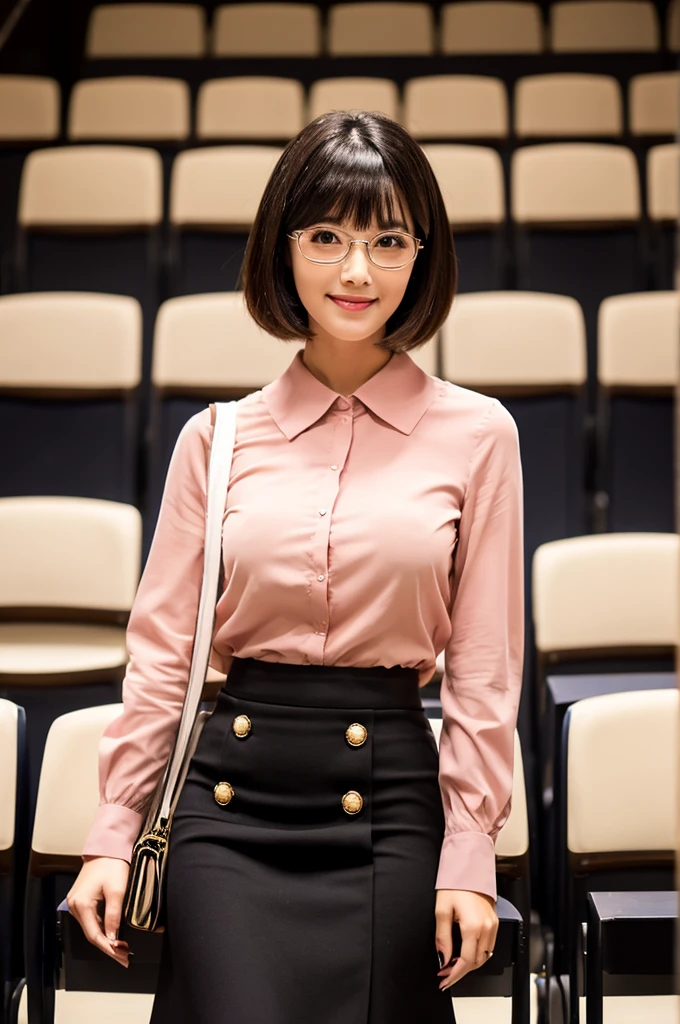 University lecture hall, university psychology associate professor, ((full body)), ((photo)), ((best qualtiy, 8K, tmasterpiece:1.3)), Focus:1.2, perfect figure beautiful woman:1.4, 1woman, cowboy shot, look at viewer, eyes facing the camera, incredibly absurd, beautiful and cute woman with a photorealistic face, showcasing top-quality craftsmanship, A Japanese woman giving a lecture at a university lecture hall, 27 years old, with a bob cut and flipped hair, short bangs swept at an angle, smooth and shiny hair, natural hairline, fair and smooth skin, plump and healthy cheeks, large, jet black eyes, round eyes, long and upward-facing eyelashes, double eyelids, thin and straight eyebrows, small and round nose, plump lips, upturned corners of the mouth, charming smile, cute face, glamorous, well-balanced proportions, tall, beautiful D-cup breasts, silver-rimmed glasses, pink blouse, black tight skirt, fashion with a waist-marked silhouette, scarf, heeled shoes, vanilla perfume, beautiful, pretty older woman, glasses suit her, knowledgeable, playful, curious, intelligent, elegant, November