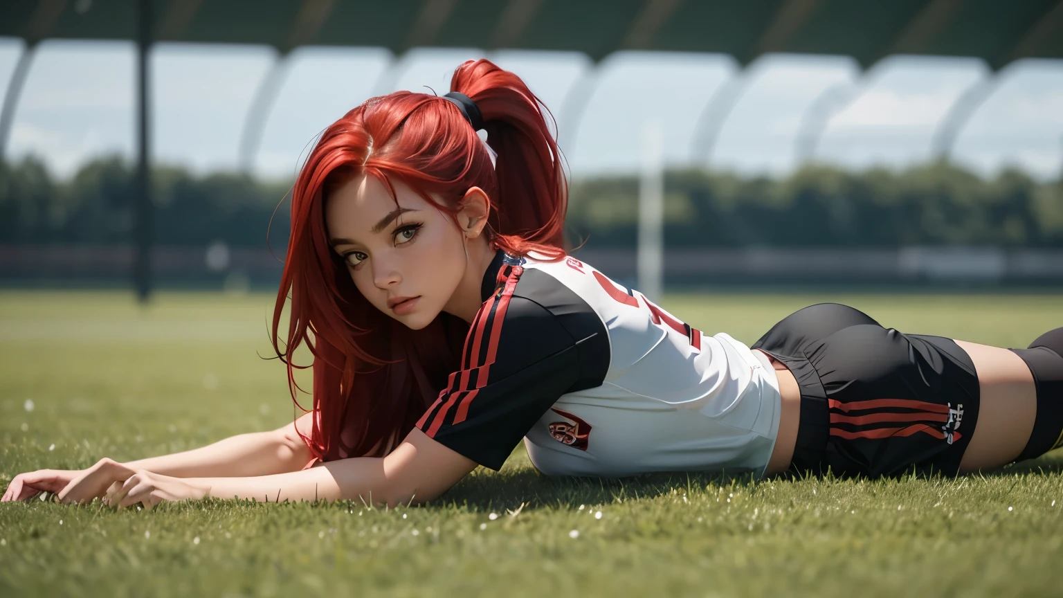 Woman, Red HAir, Long Hair, Ponytail, Very Large Breasts, (female soccer player sitting on the ground), on a soccer field, ((doing splits)), soccer player, wearing soccer uniform, Black Shorts, White Jersey Top, on a football field