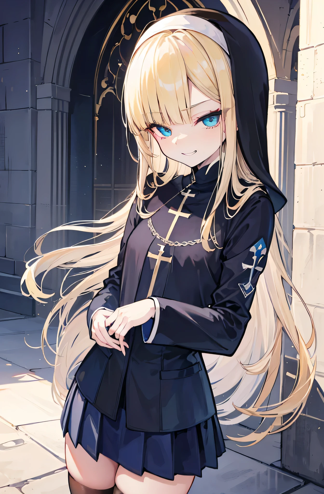 [(cathedral background:1.4)::5],Original,(Illustration:1.1),(Best Quality),(masutepiece:1.1),(the Extremely Detailed CG Unity 8K Wallpapers:1.1), (Colorful:0.9),(mid-shot:0.95),(very detailed beautiful face and eyes),(Solo:1.2), (girl),(((Adult))), (Detailed beautiful eyes:1.15), (Beautiful face:1.15), (Glowing blue eyes:1.25////),(((blond Long Hair))),((Black nun Costume)),((Black pleated mini skirt)),(+perfect hand+:1.21),(Draw an illustration of a girl in a black nun costume woman),(Religious),(slender),(((Adult))),((Wearing black thighhighs)),evil Smile,face-makeup,royal,((Black Nun)),((evil smile)),