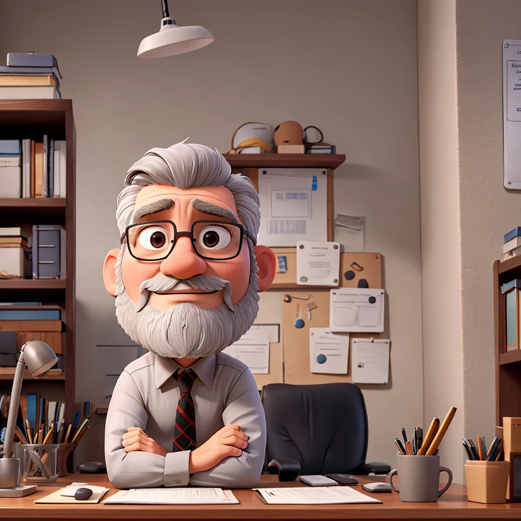 One man, gray hair, little beard, sitting at an office desk
