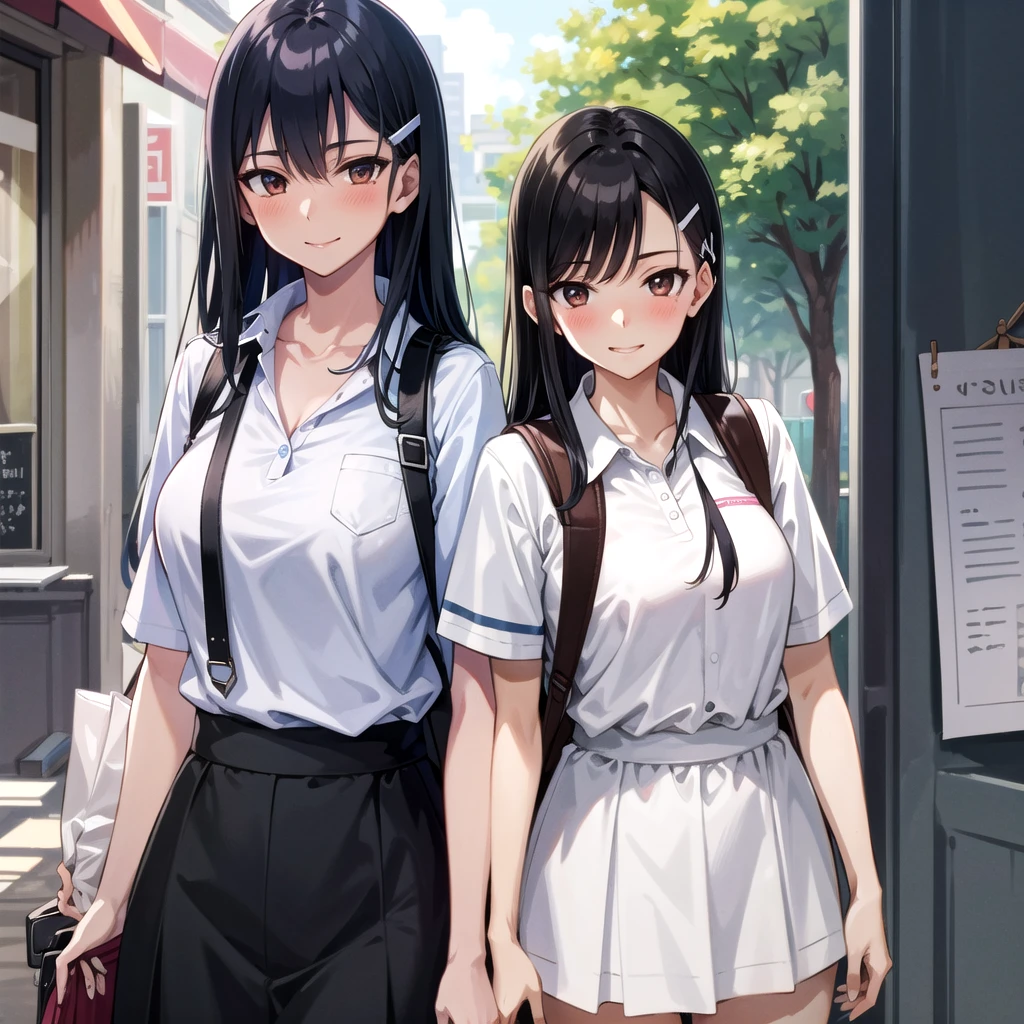 ((best quality)), ((masterpiece)), (details), one girl, sexy ((best quality)), ((masterpiece)), (details), one girl, sexy ((best quality)), ((masterpiece)), (details), one girl, full body, sexy expensive body, expensive, long legs, mature woman, mature, adult, it_nagatoro_main, Nagatoro Hayase, one girl, blushing, alone, uniform polo shirt, black hair, bag, brown eyes, hair accessory, looking at viewer, hair clip, outdoors, backpack, smiling, long hair, dark skinned woman, dark skin, , bangs, daytime, skirt, collared shirt, collarbone, ear clip, mouth closed, tree, asymmetrical bangs, upper body