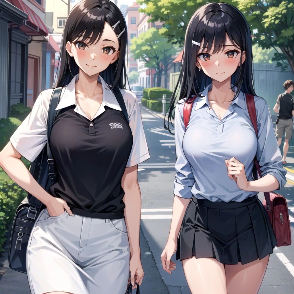 ((best quality)), ((masterpiece)), (details), one girl, sexy ((best quality)), ((masterpiece)), (details), one girl, sexy ((best quality)), ((masterpiece)), (details), one girl, full body, sexy expensive body, expensive, long legs, mature woman, mature, adult, it_nagatoro_main, Nagatoro Hayase, one girl, blushing, alone, uniform polo shirt, black hair, bag, brown eyes, hair accessory, looking at viewer, hair clip, outdoors, backpack, smiling, long hair, dark skinned woman, dark skin, , bangs, daytime, skirt, collared shirt, collarbone, ear clip, mouth closed, tree, asymmetrical bangs, upper body