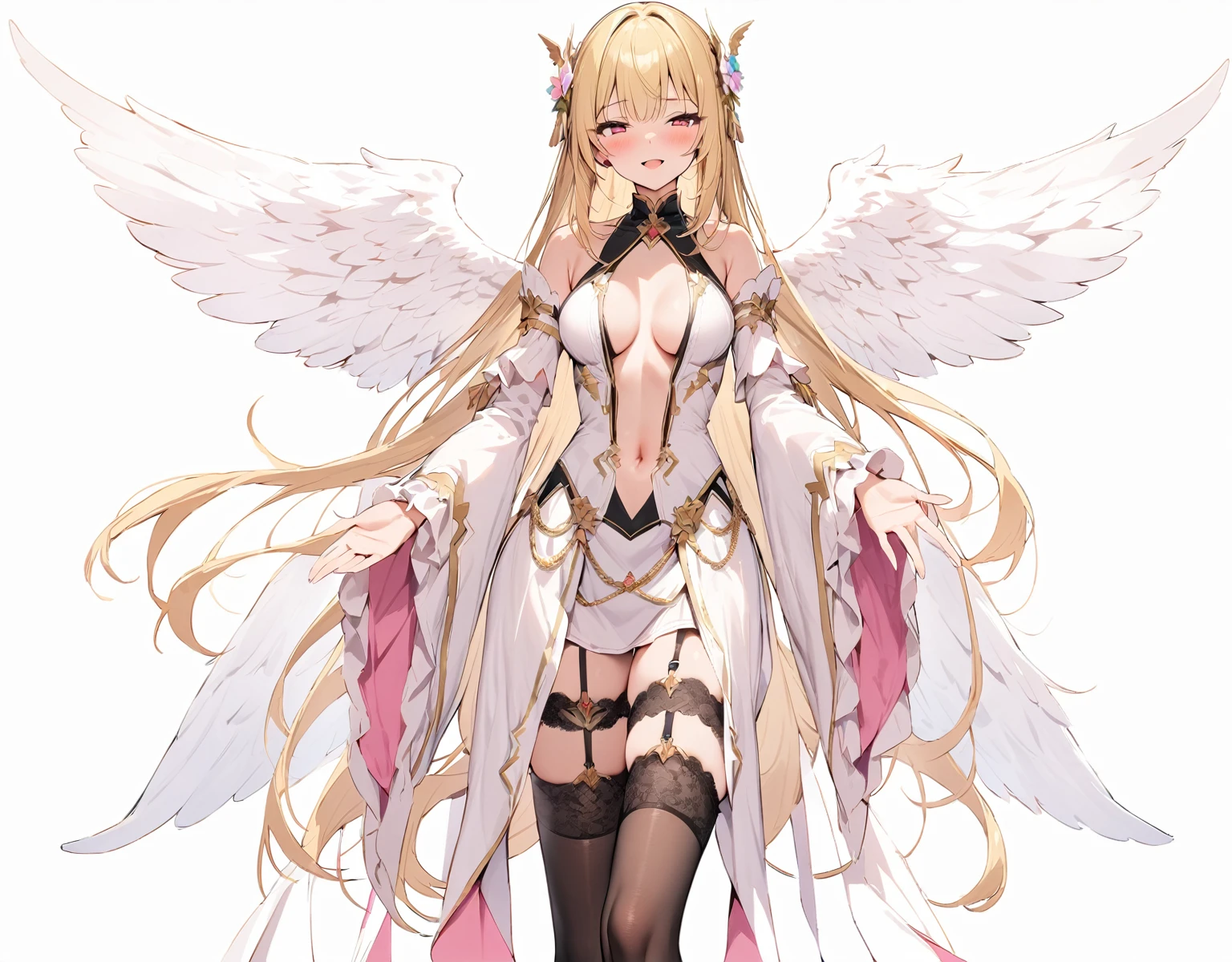 masterpiece, best quality, solo, 1girl, blonde-hair, wings, thighhighs, (very-long-hair), smile, wide-sleeves, navel, hair-ornament, blush, looking-at-viewer, detached-sleeves, open-mouth, frills, outstretched-arms, black-thighhighs, dress, oragen-eyes, half-closed-eyes, long-sleeves, bangs, breasts, center-opening, standing, angel-wings, white-wings, garter-straps, flower, parted-lips, bare-shoulders, navel-cutout