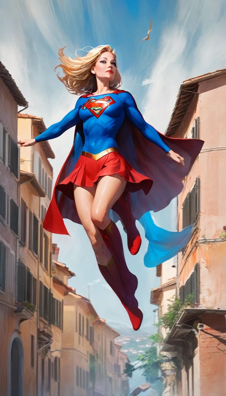 supergirl character, flying over a nice Italian city (art inspired in Bill Sienkiewicz). oil painting)
