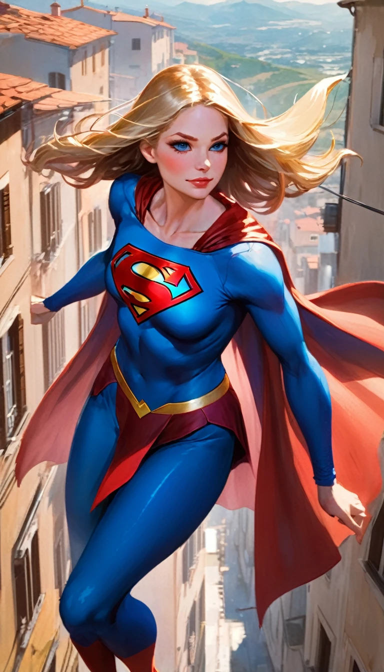 supergirl character, flying over a nice Italian city (art inspired in Bill Sienkiewicz). oil painting)