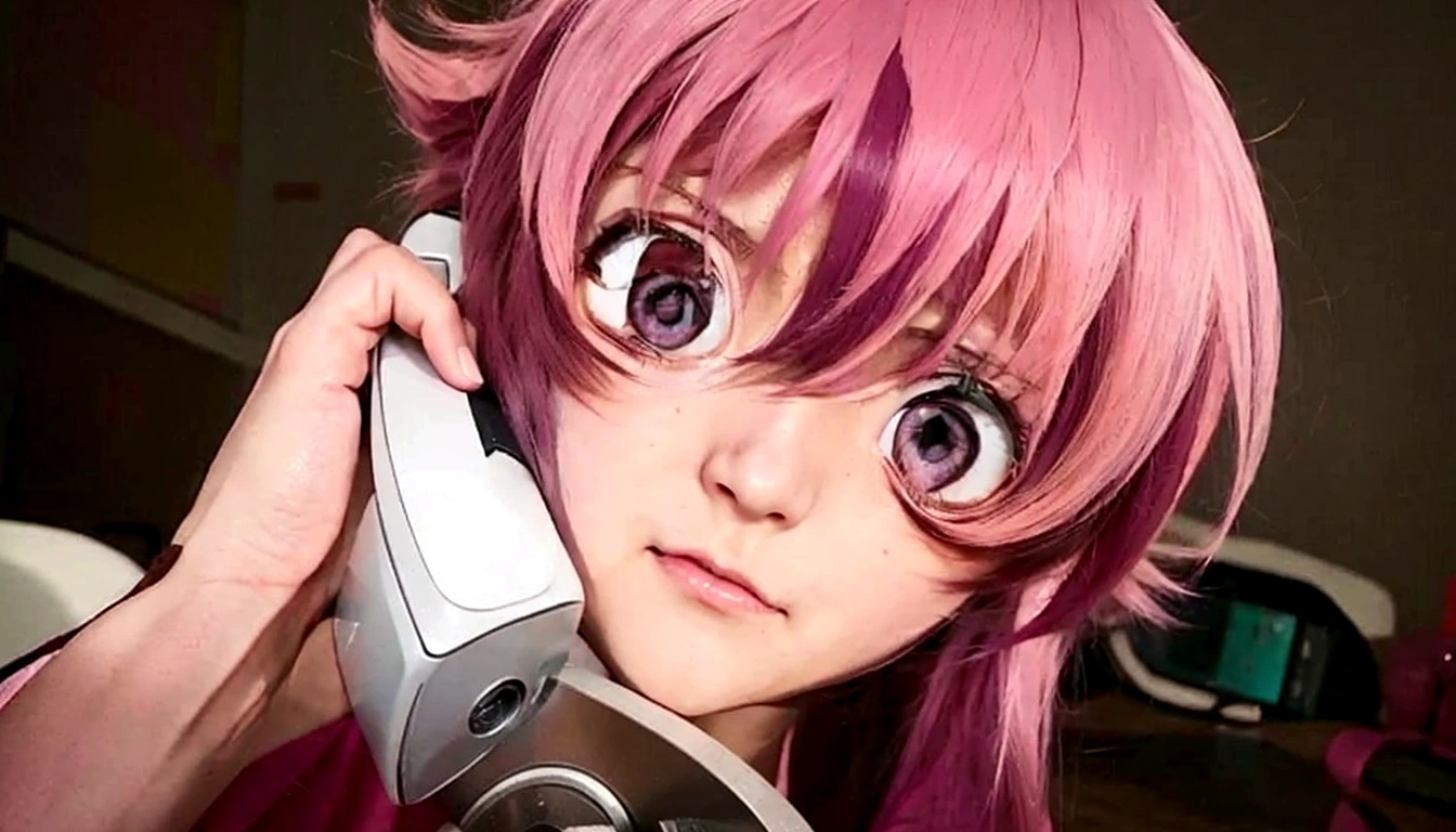 anime girl with pink hair talking on a desk phone, mirai nikki, anime girl named gasai yuno, realistic pink eyes, gasai yuno, close up of mirai nikki, gasai yuno, gasai yuno, she has a cute expressive face, gasai yuno, screenshot from an Anime from 2012, in an anime scene, scene!!, shocking.