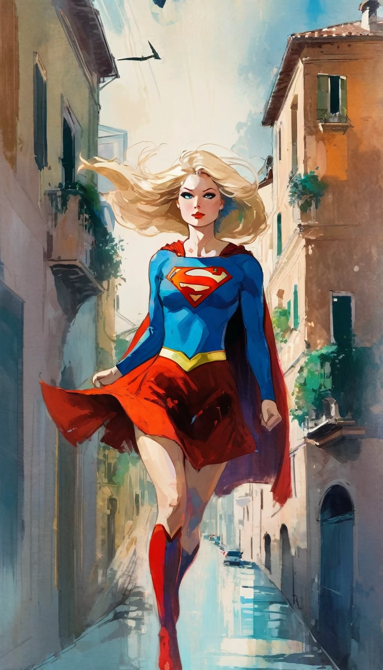 supergirl character, flying over a nice Italian city (art inspired in Bill Sienkiewicz). oil painting)
