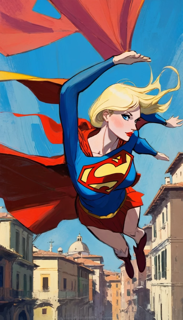 supergirl character, flying over a nice Italian city (art inspired in Bill Sienkiewicz). oil painting)