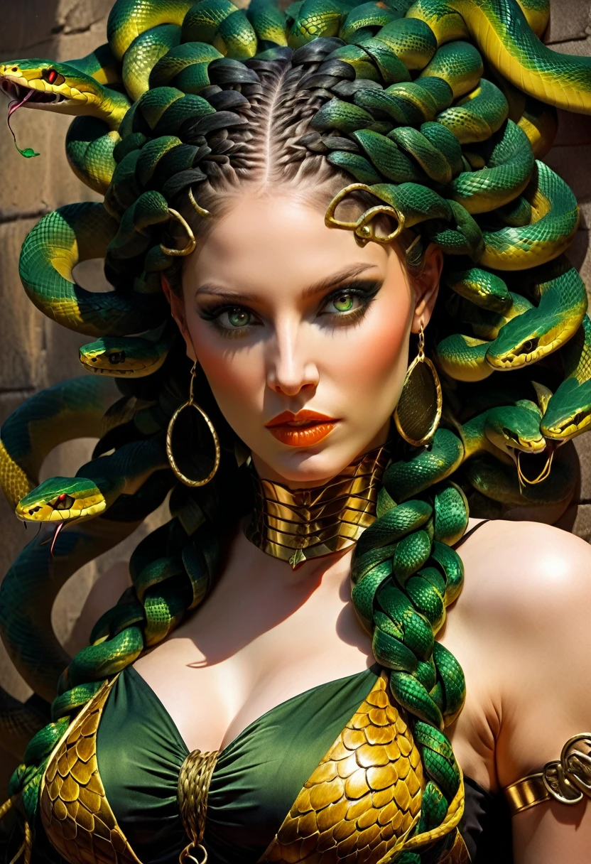 dark fantasy art (braids thar become living snakes: 1.5) of a beautiful woman, reptilian eyes, pale skin, having twin snake braids, 01sh ((only two braids made from living snakes: 1.3)) each braid a snake coming out the woman's head, living snake, hissing snake, on the woman's head, she wears intricate leather dress, dynamic color dress, thigh high heeled boots, modern bar background, dynamic range, vibrant, Ultra-high resolution, High Contrast, (masterpiece:1.5), highest quality, Best aesthetics), best details, best quality, highres, ultra wide angle, 16k, [ultra detailed], masterpiece, best quality, (extremely detailed), snake hair, sn4k3h41r, snake hair, 