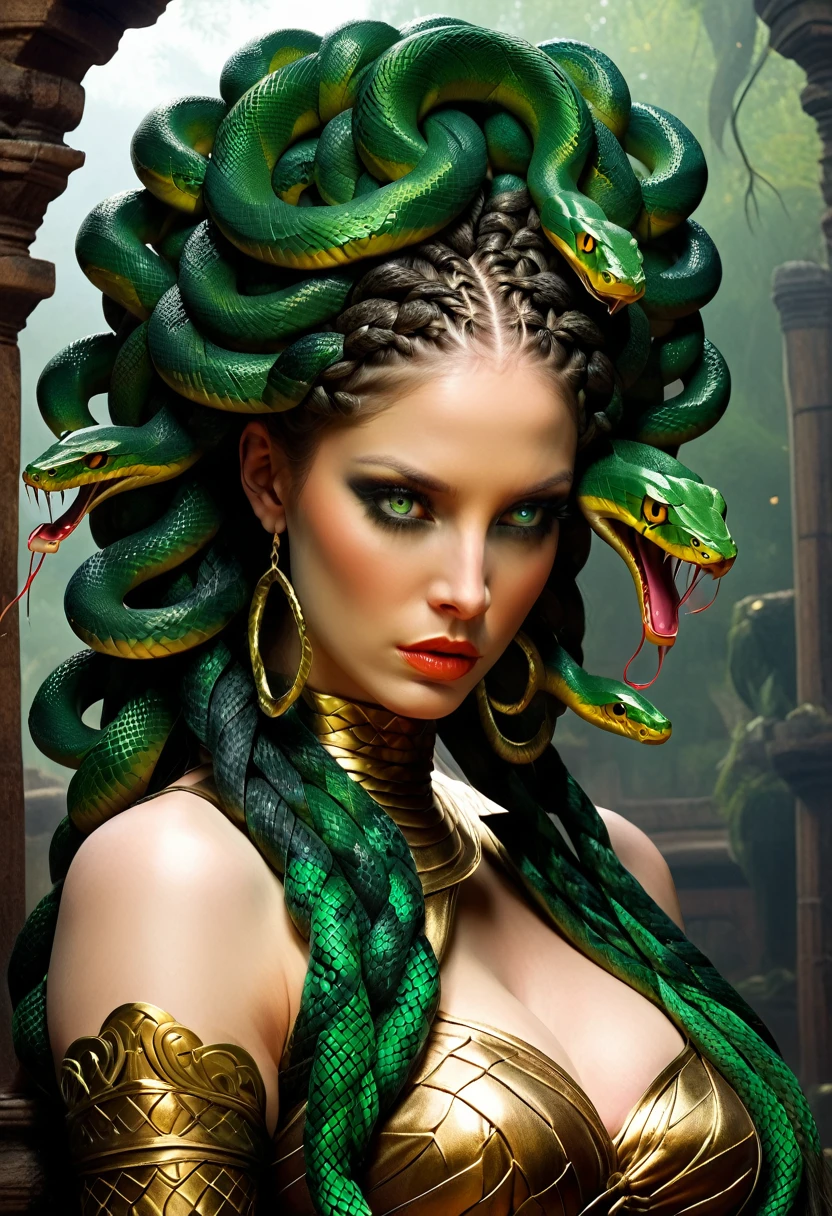 dark fantasy art (braids thar become living snakes: 1.5) of a beautiful woman, reptilian eyes, pale skin, having twin snake braids, 01sh ((only two braids made from living snakes: 1.3)) each braid a snake coming out the woman's head, living snake, hissing snake, on the woman's head, she wears intricate leather dress, dynamic color dress, thigh high heeled boots, modern bar background, dynamic range, vibrant, Ultra-high resolution, High Contrast, (masterpiece:1.5), highest quality, Best aesthetics), best details, best quality, highres, ultra wide angle, 16k, [ultra detailed], masterpiece, best quality, (extremely detailed), snake hair, sn4k3h41r, snake hair, 