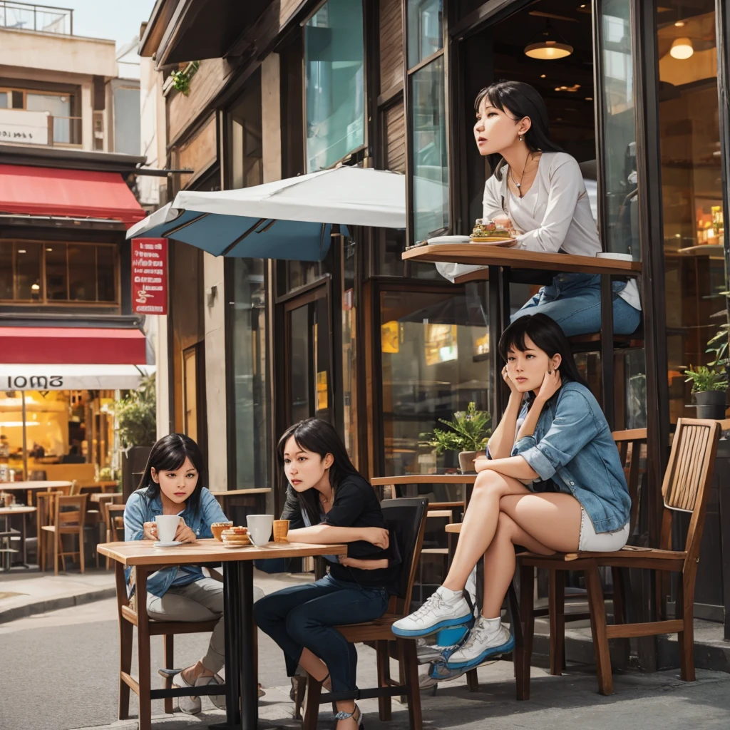 Woman with angry face sitting in outdoor cafe 