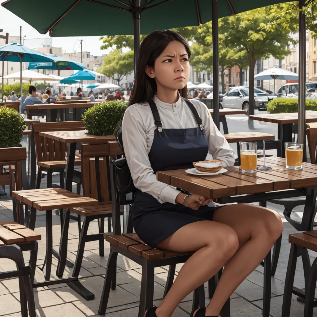 Woman with angry face sitting in outdoor cafe
