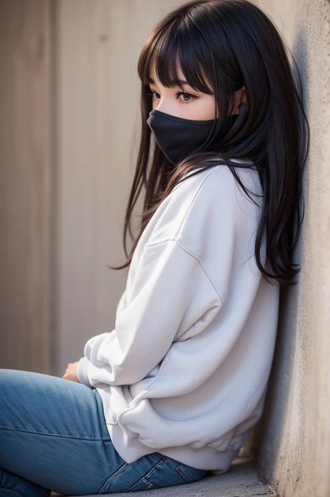 Draw a girl from the side wearing pants and a sweatshirt with bangs covering half of her face