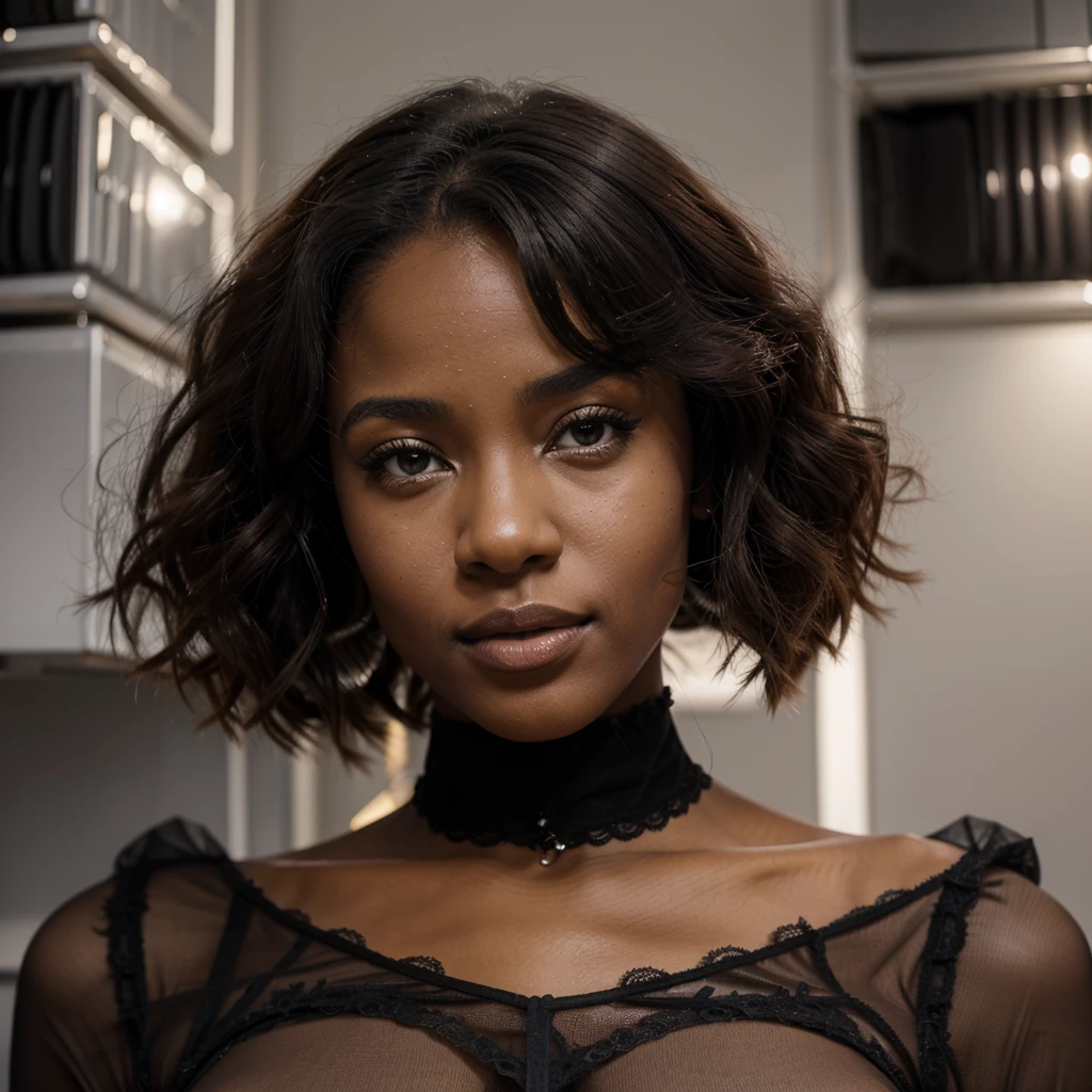 Jeune femme noire en lingerie avec les tétons qui pointent et du vernis blanc et un doigt dans la bouche