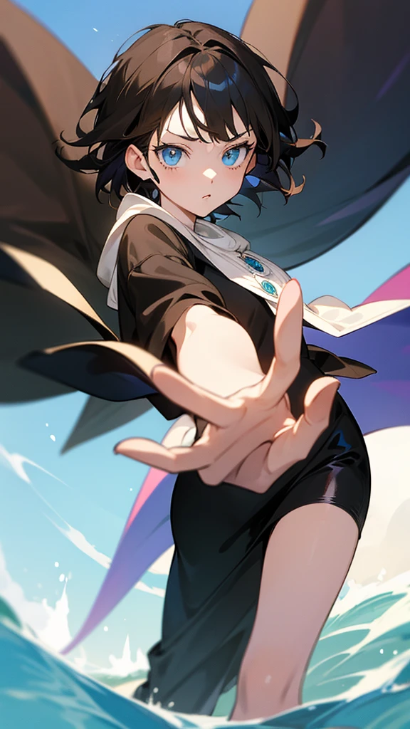 An Anime girl in black clover style with short brown hair with blue eyes