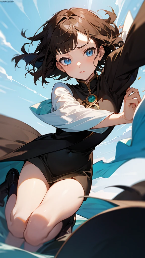 An Anime girl in black clover style with short brown hair with blue eyes
