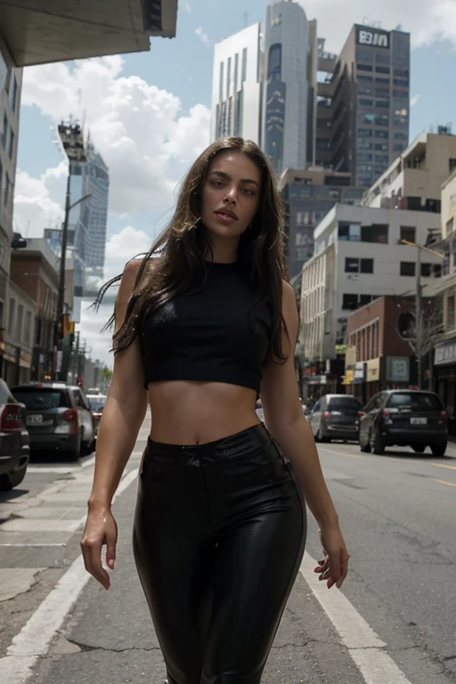 "A gorgeous, imposing brunette woman in a cool and relaxed hippie style is wearing a crop top and tight pants. Her body is toned, very sexy, athletic and hot suggests her enormous strength. She appears to be casually strolling through the busy cityscape of GTS City, like towering buildings looms over it. Smoke and clouds billow around it, adding to the sense of epic and dramatic scale. The lighting is dark, shadowy and realistic, creating a tense and ominous atmosphere.