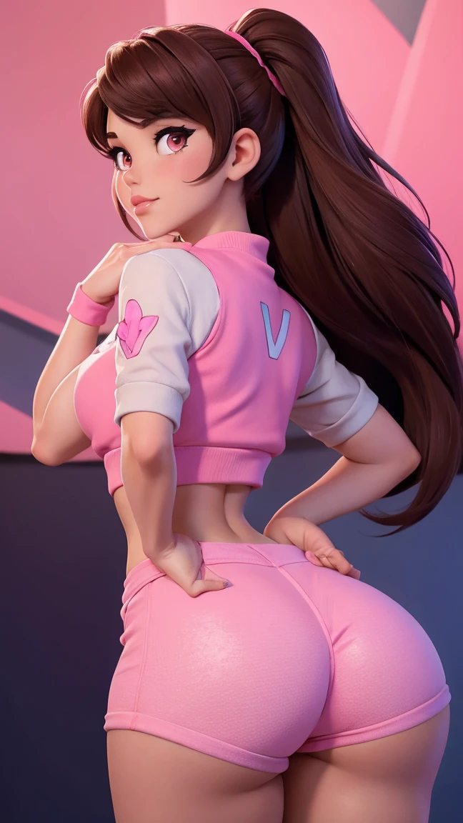 18 year old, brown hair, pink eyes, cute pose, D.Va, very short shorts, crop top, looking back at the viewer, (big ass)