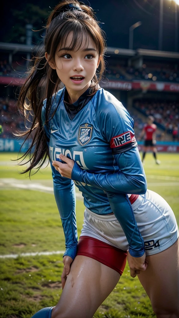 Highest quality, High resolution:1.2, Very detailed, Realistic:1.3, ((Beautiful woman))、((Super tight uniform))、((Big Breasts))、Vibrant colors, play soccer,(Blunt bangs)、((Various Hair Styles))、Different hair colors、With bangs、Wet Hair, concentrate, splash, Action Shots, Grass blotches, Muddy ground, Wet turf, decide, Fast-paced games, Athletic physique, Shiny soccer ball, Wet Uniform, raindrop, Blurred motion, ボールにconcentrateする, Intense competition, Skillful dribbling, Energetic play, Teamwork, powerful shoots, Wet pitch, Passionate sports, Fierce decide, Humid atmosphere, Fluid movement, emotional expression、Dramatic lighting, Women's Sports, Avid athletes, Exciting Games, Endure, Excited state, Speed and agility, Energetic play, 濡れたsplash、smile、((Red Uniform))