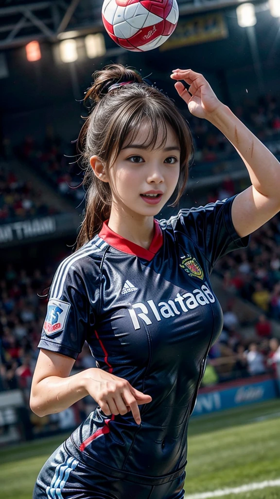 (8K、top-quality、tmasterpiece:1.2)、(hentail realism、Photorealsitic:1.37)、ultra - detailed、top-quality、超A high resolution、profesional lighting、photon maping、Radio City、physically-based renderingt、Cinematic lighting、play soccer、depth of fields,on focus,rays of sunshine,well-composed,(The background is blurred:1.2),1 rapariga,(full body Esbian),(Keep your mouth shut),Beautiful eyes,lewd poses,shrinks,Football uniforms,brunette color hair,Beautiful straight hair,poneyTail(Ulzzang-6500:1.2) mix4, hiqcgbody、Sweaty beauty、Large full breasts、Beautiful woman in football uniform、Dramatic sexy、Realistic photos、soccer court、Face with exquisite details、Beautiful and perfect、Muscular beauty