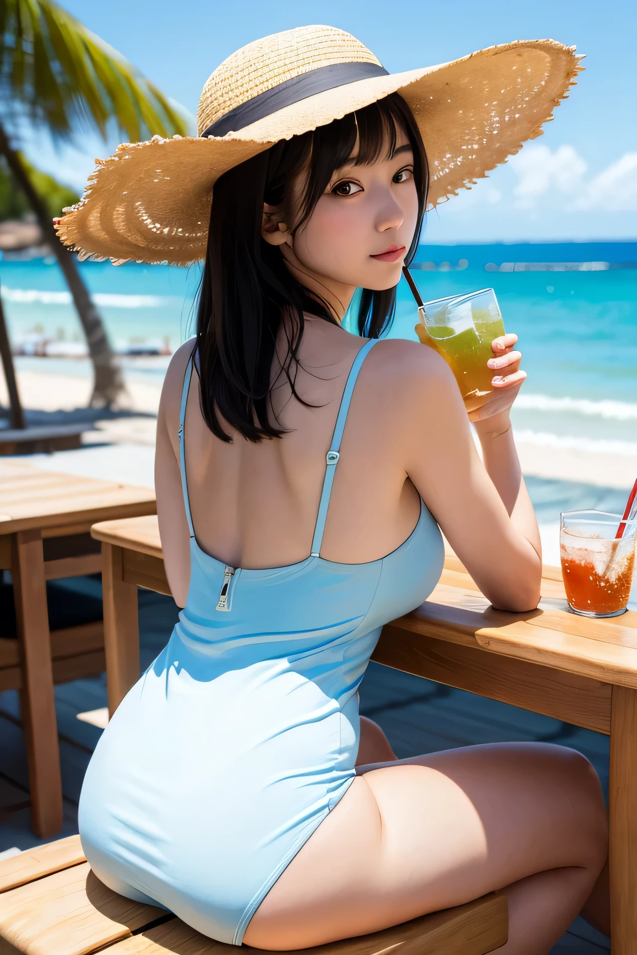 (High Definition), One Girl, Japan Person, Cute, Black hair long, Wearing Summer Dress White, exposing front zipper bra-top Baby-blue, Big straw Hat, leaning Side table, Walking on Board walk at Beach Side, looking side glance, spread legs, show woman shape, Straddling a chair, a glass of drink on a table, Natural lighting