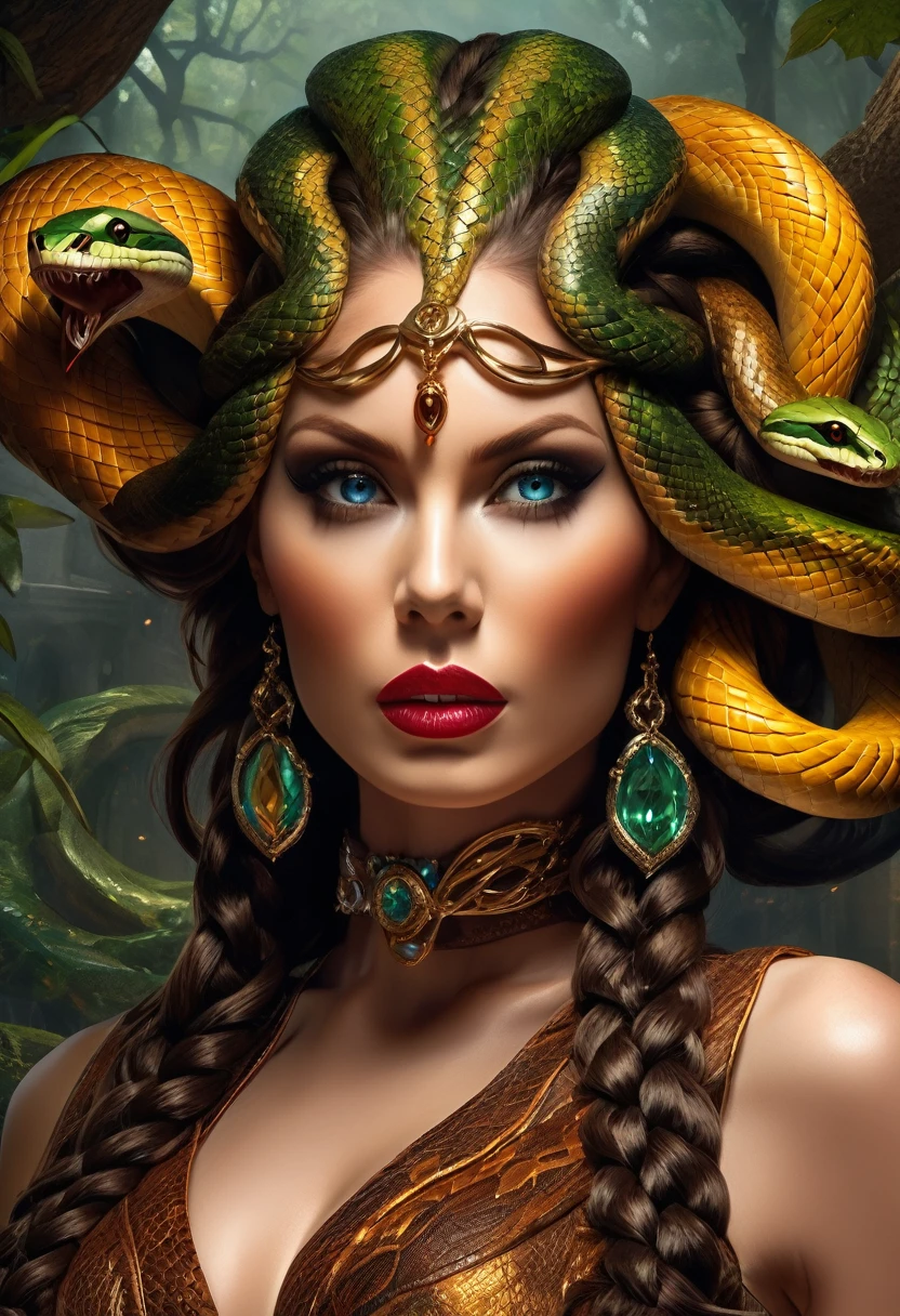 dark fantasy art  (braids thar become living snakes: 1.5) of a beautiful woman, reptilian eyes, pale skin, having twin snake braids, ((only two braids made from living snakes: 1.3)) each braid a snake coming out the woman's head, living snake, hissing snake,  on the woman's  head, she wears intricate leather dress, dynamic color dress,  thigh high heeled boots, modern bar background,  dynamic range, vibrant, Ultra-high resolution, High Contrast, (masterpiece:1.5), highest quality, Best aesthetics), best details, best quality, highres, ultra wide angle, 16k, [ultra detailed], masterpiece, best quality, (extremely detailed), snake hair, sn4k3h41r, snake hair, 01sh