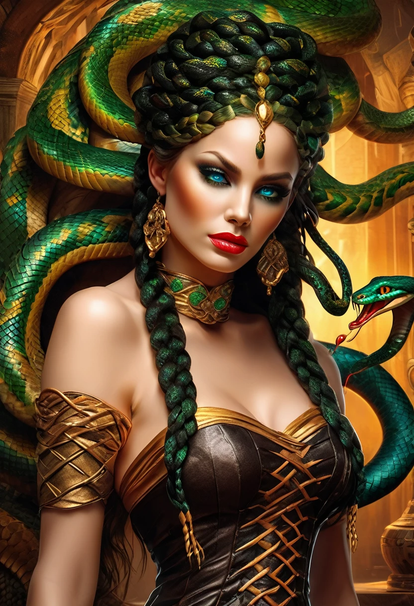 dark fantasy art  (braids thar become living snakes: 1.5) of a beautiful woman, reptilian eyes, pale skin, having twin snake braids, ((only two braids made from living snakes: 1.3)) each braid a snake coming out the woman's head, living snake, hissing snake,  on the woman's  head, she wears intricate leather dress, dynamic color dress,  thigh high heeled boots, modern bar background,  dynamic range, vibrant, Ultra-high resolution, High Contrast, (masterpiece:1.5), highest quality, Best aesthetics), best details, best quality, highres, ultra wide angle, 16k, [ultra detailed], masterpiece, best quality, (extremely detailed), snake hair, sn4k3h41r, snake hair, 01sh