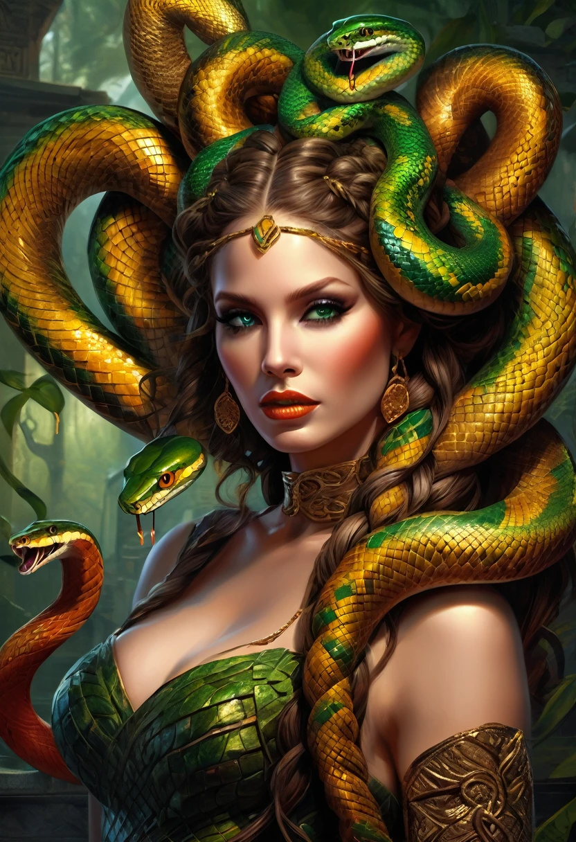 dark fantasy art  (braids thar become living snakes: 1.5) of a beautiful woman, reptilian eyes, pale skin, having twin snake braids, ((only two braids made from living snakes: 1.3)) each braid a snake coming out the woman's head, living snake, hissing snake,  on the woman's  head, she wears intricate leather dress, dynamic color dress,  thigh high heeled boots, modern bar background,  dynamic range, vibrant, Ultra-high resolution, High Contrast, (masterpiece:1.5), highest quality, Best aesthetics), best details, best quality, highres, ultra wide angle, 16k, [ultra detailed], masterpiece, best quality, (extremely detailed), snake hair, sn4k3h41r, snake hair, 01sh