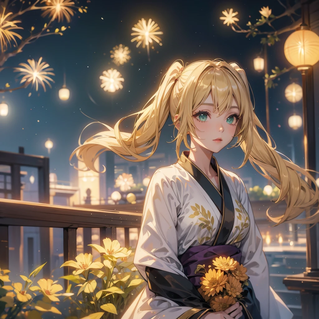 Layla , kimono night in firework , blonde hair, pigtailed haired , long hair , green eyes