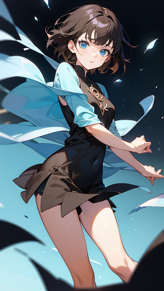 An Anime girl in black clover style with short brown hair with blue eyes