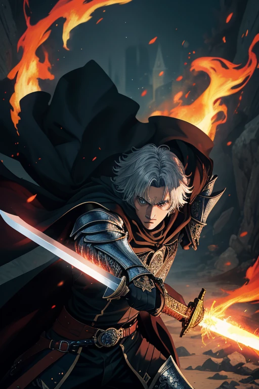 (absurdities, official art, Unity 8k wallpaper, ultra detailed, high quality, best quality), 1 warrior, detailed face, attentive and focused eyes, black cloak, flaming sword, very elaborate, highly detailed silver armor, absurd, with the sword in his right hand in attack position, masterpiece,