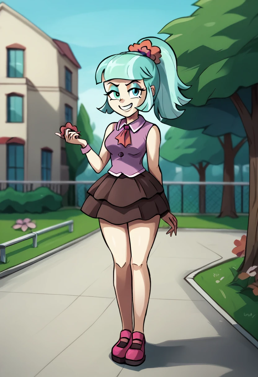 ((High Quality 10k)) ((10 trillion perfect autonomy)) Masterpiece, Coco Pommel, solo girl, evil smug  grin, lovesick, hearts in her eyes, naked, big breasts, thick body, pubic hair, big Feet, biggest Feet ever, Coco Pommel Equestria girls, full body, Standing, at the park, Coco Pommel, cuerpo completo, high resolusion