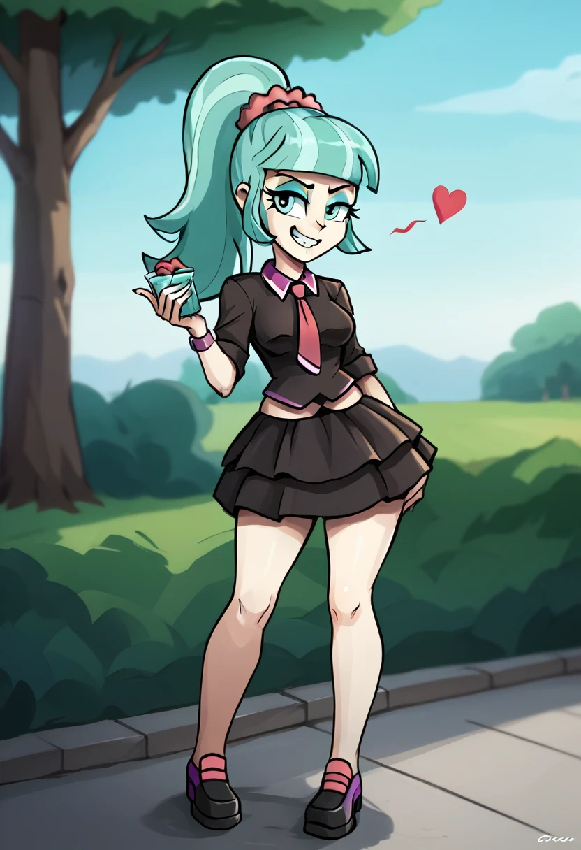 ((High Quality 10k)) ((10 trillion perfect autonomy)) Masterpiece, Coco Pommel, solo girl, evil smug  grin, lovesick, hearts in her eyes, naked, big breasts, thick body, pubic hair, big Feet, biggest Feet ever, Coco Pommel Equestria girls, full body, Standing, at the park, Coco Pommel, cuerpo completo, high resolusion