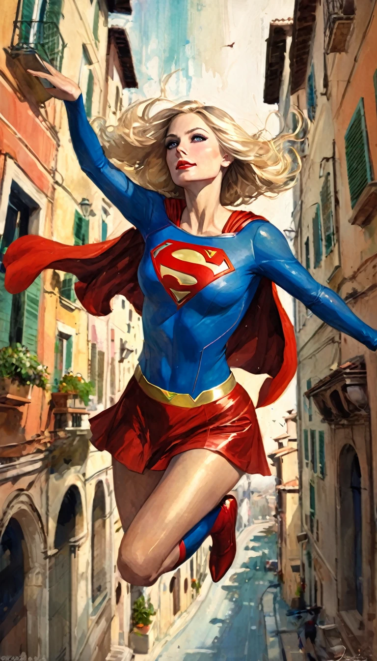 supergirl character, flying over a nice Italian city (art inspired in Bill Sienkiewicz). oil painting)
