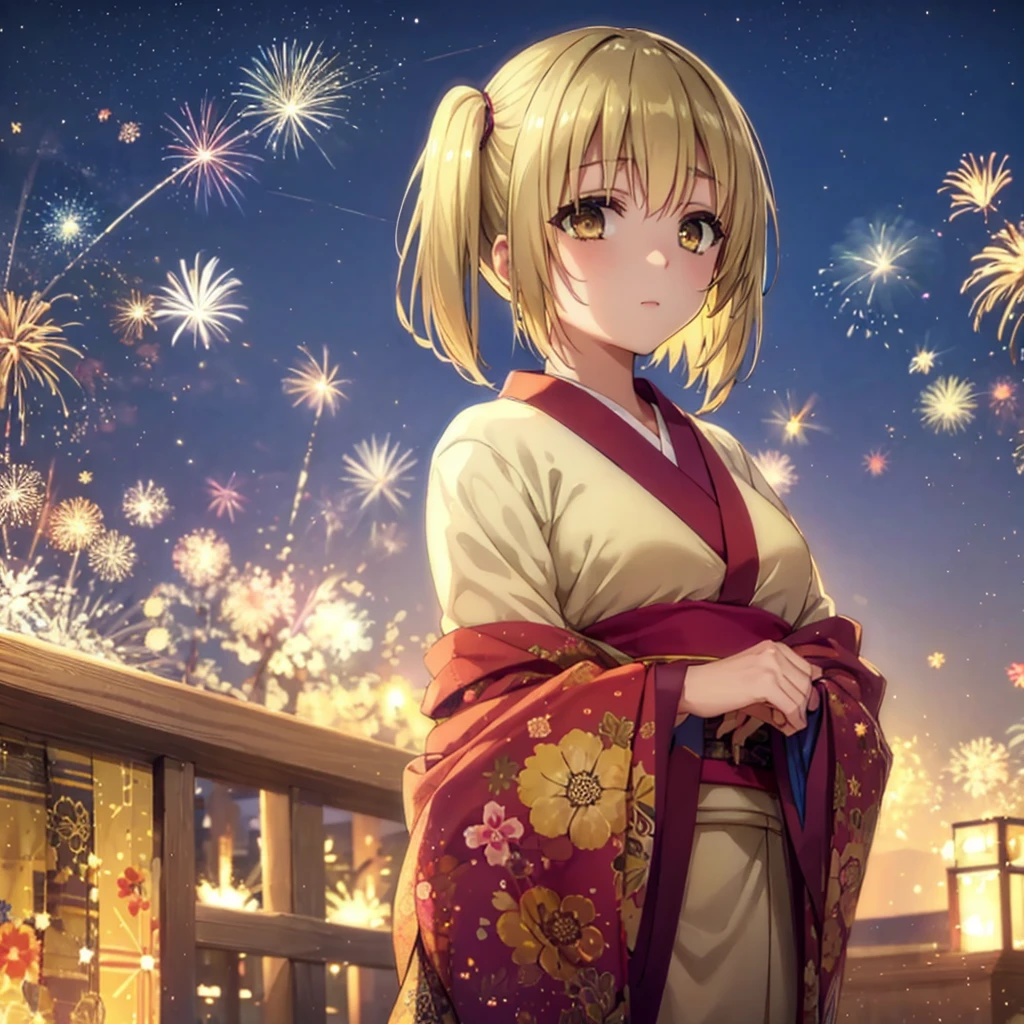 Layla , kimono night in firework , blonde hair, pigtailed haired , yellowish eyes , short hair