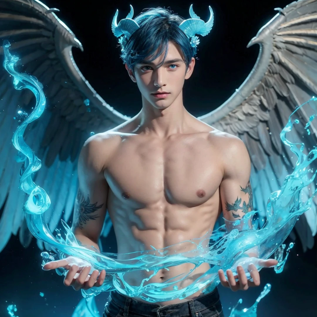 Handsome boy, blue hair, shining blue eyes, blue wings