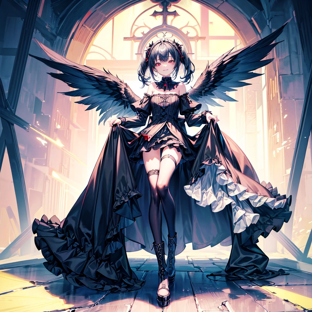 [(church background:1.4)::5],Original,(Illustration:1.1),(Best Quality),(masutepiece:1.1),(the Extremely Detailed CG Unity 8K Wallpapers:1.1), (Colorful:0.9),(mid-shot:0.95),(Full body:1.5),Dynamic Angle,(Solo:1.2), (girl),((Adult)), (Detailed beautiful eyes:1.15), (Beautiful face:1.15), (Glowing red eyes:1.25////),((dark blue long hair)),(Blunt bangs),(low twintails),(+perfect hand+:1.21),(Draw an illustration of a gothic girl),(Religious),(slender),(she has boots on her feet),((Wearing a black dress)),(Furious), Lace Off Shoulder Lolita Fashion,Beautiful slender woman,((Evil smile)),Dark blue short hair,Dark blue short hair,Laugh,evil smile,mini skirt,short hair,short mini skirt,mini skirt,