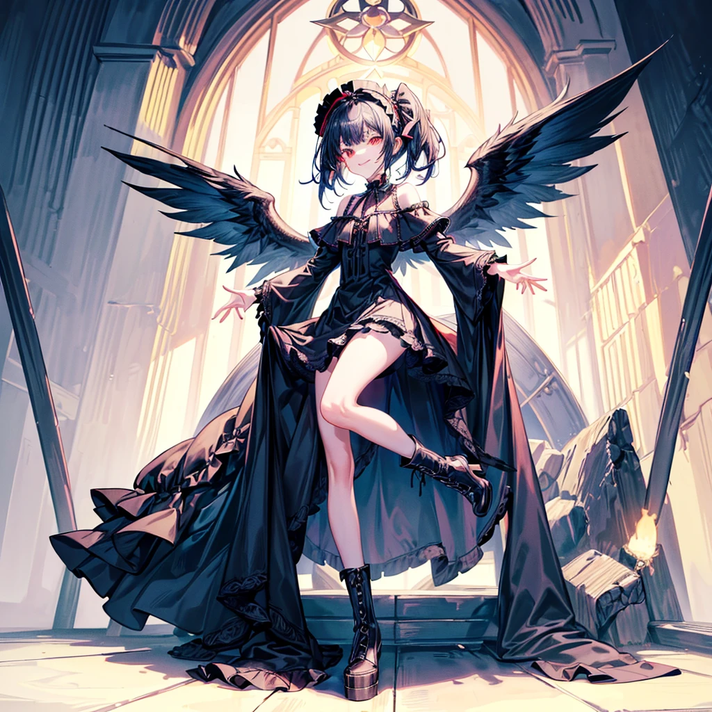 [(church background:1.4)::5],Original,(Illustration:1.1),(Best Quality),(masutepiece:1.1),(the Extremely Detailed CG Unity 8K Wallpapers:1.1), (Colorful:0.9),(mid-shot:0.95),(Full body:1.5),Dynamic Angle,(Solo:1.2), (girl),((Adult)), (Detailed beautiful eyes:1.15), (Beautiful face:1.15), (Glowing red eyes:1.25////),((dark blue long hair)),(Blunt bangs),(low twintails),(+perfect hand+:1.21),(Draw an illustration of a gothic girl),(Religious),(slender),(she has boots on her feet),((Wearing a black dress)),(Furious), Lace Off Shoulder Lolita Fashion,Beautiful slender woman,((Evil smile)),Dark blue short hair,Dark blue short hair,Laugh,evil smile,mini skirt,short hair,short mini skirt,mini skirt,