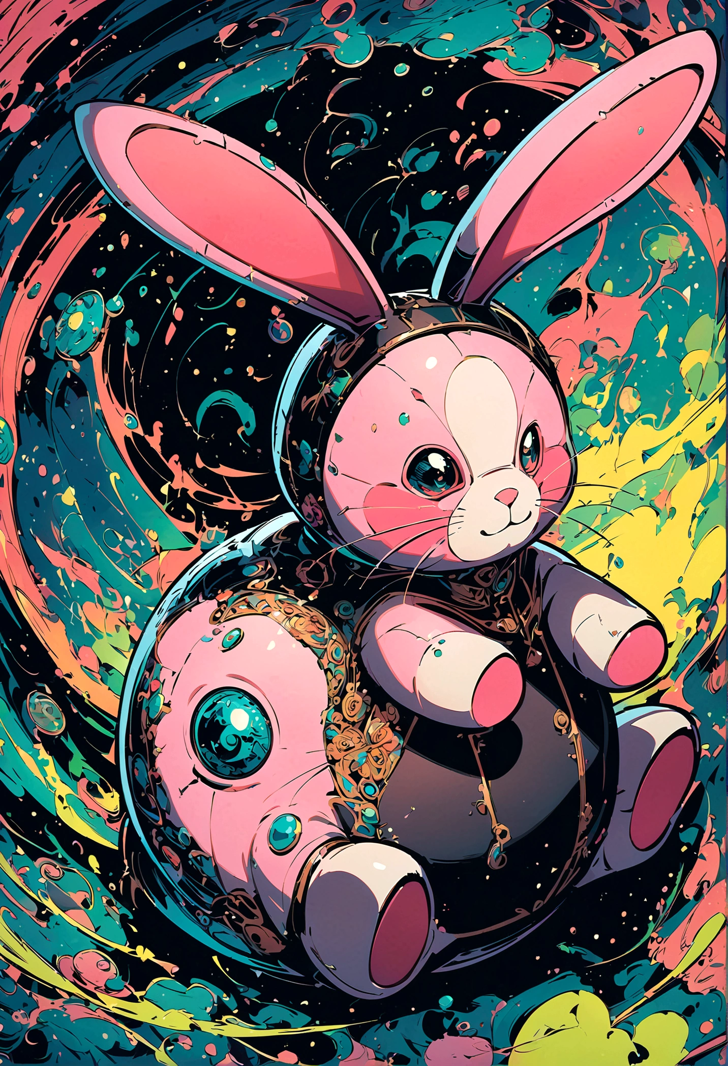 (jujutsu kaisen art style), stuffed bunny sitting by itself, big ears, non human, artwork